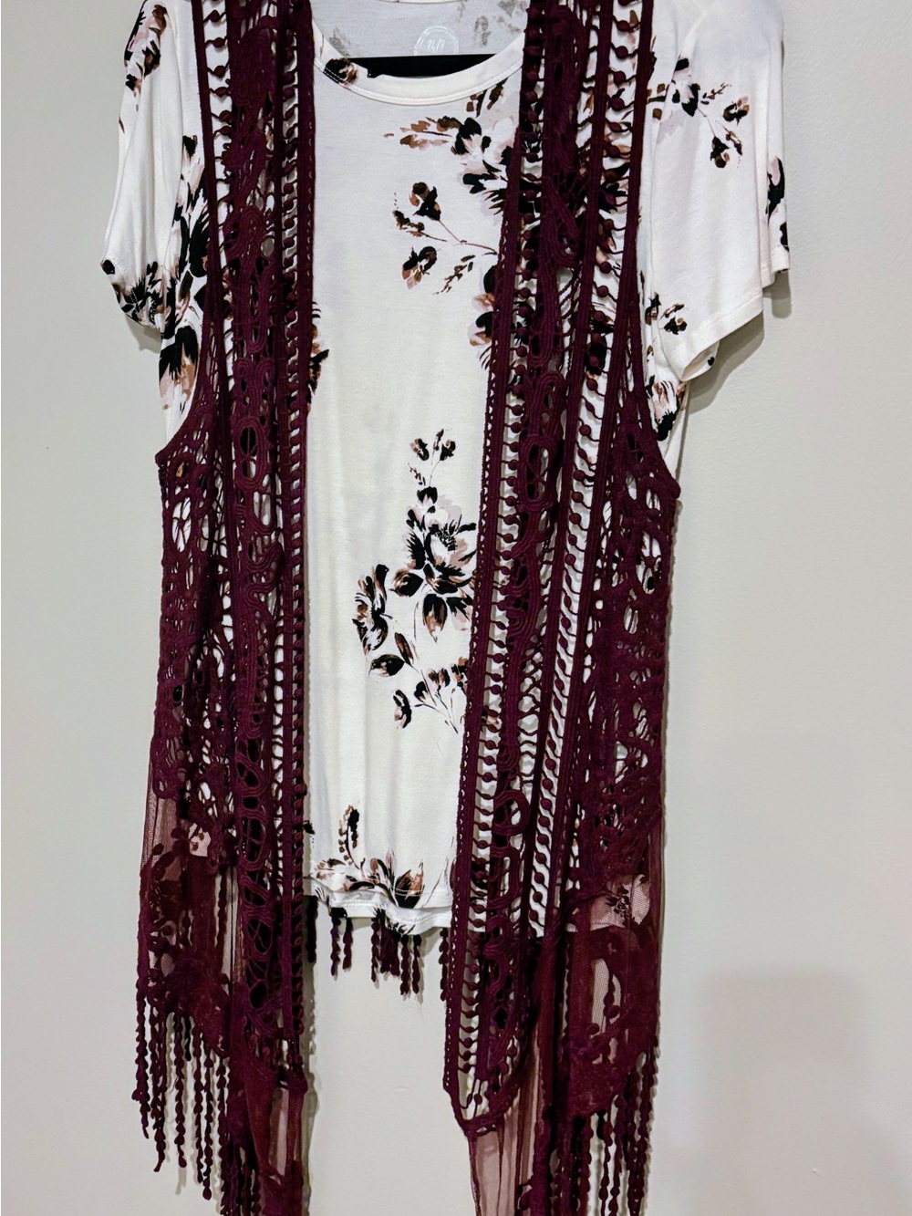 Boho Crochet Fringe Vest in Deep Burgundy